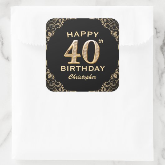 40th誕生日パーティーブラックと金ゴールドグリッターフレーム スクエアシール (バッグ)