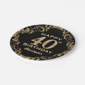 40th誕生日パーティーブラックと金ゴールドグリッターフレーム ペーパープレート (アングル)