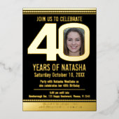 40th誕生日パーティーブラックと金ゴールドフォイル写真フォイル 箔招待状 (正面)