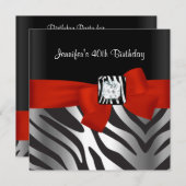 40th誕生日パーティーブラックゼブラストライプシレッドボウ 招待状 (正面/裏面)