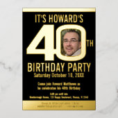 40th誕生日パーティーブラック金ゴールドフォイル写真 箔招待状 (正面)