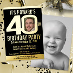 40th誕生日パーティーブラック金ゴールドフォイル写真 箔招待状<br><div class="desc">はっきりしたシンプルグラフィックブラックと金ゴールドフォイルまたは独自のフォイルカラー写真テンプレート40th誕生日パーティの招待状。自分の誕生日パーティーのイベント詳細と、40の0の中央に自分の誕生日の少年または少女の写真と1つのフルブリードアウトの写真を使用して、このマイルストーンの誕生日の招待状をパーソナライズする。その他の年の色と一致するアイテムが利用可能。©オリジナルデザインby Sarah Trett for www.mylittleeden.com on Zazzle.</div>