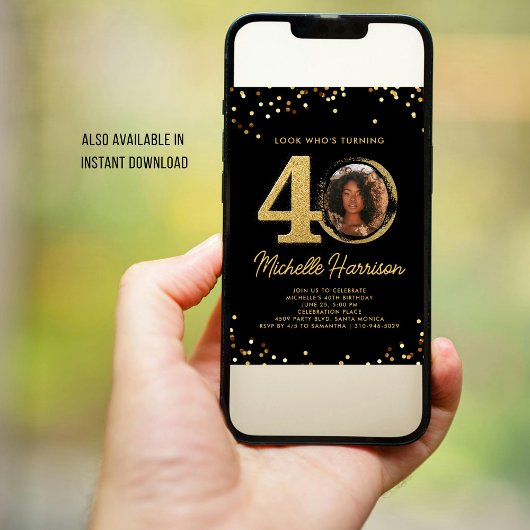 40th誕生日パーティーブラック金ゴールド紙吹雪写真 招待状