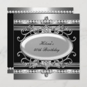 40th誕生日パーティーブラック&シルバーフラワーパール 招待状 (正面/裏面)