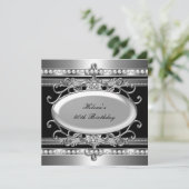 40th誕生日パーティーブラック&シルバーフラワーパール 招待状 (スタンド正面)