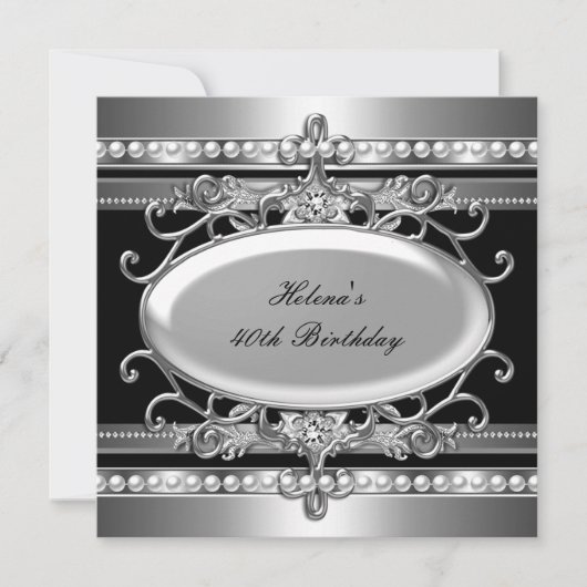 40th誕生日パーティーブラック&シルバーフラワーパール 招待状 (正面)