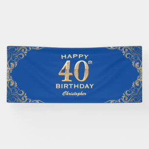 40th誕生日パーティーブルーと金ゴールドグリッターフレーム 横断幕