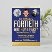 40th誕生日パーティーブルー金ゴールドフォイル写真サークル 箔招待状 (立ち正面)