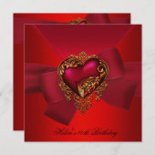 40th誕生日パーティーレッドピンクハート金ゴールド宝石弓 招待状 (正面/裏面)