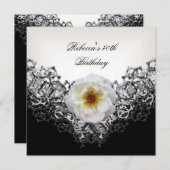 40th誕生日パーティーレース白黒フラワーシルバー 招待状 (正面/裏面)