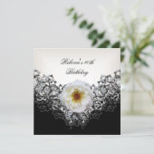 40th誕生日パーティーレース白黒フラワーシルバー 招待状 (スタンド正面)