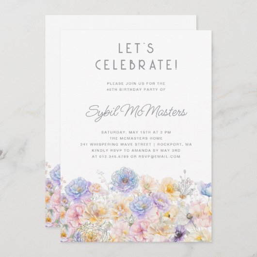 40th誕生日パーティー春水彩フローラ 招待状 (正面/裏面)