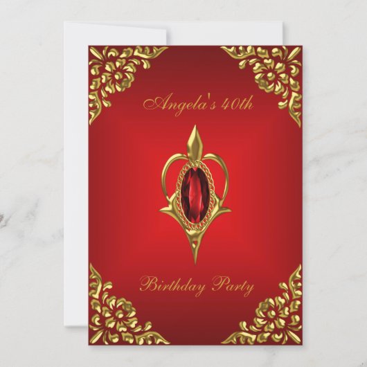 40th誕生日パーティー王室の金ゴールド深い赤い宝石 招待状 (正面)