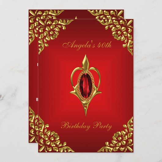 40th誕生日パーティー王室の金ゴールド深い赤い宝石 招待状 (正面/裏面)