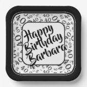 40th誕生日パーティー番号パターンブラック/ホワイト ペーパープレート (正面)