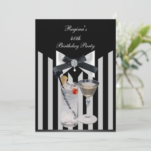 40th誕生日パーティー白黒ストライプボウタイ 招待状 (スタンド正面)