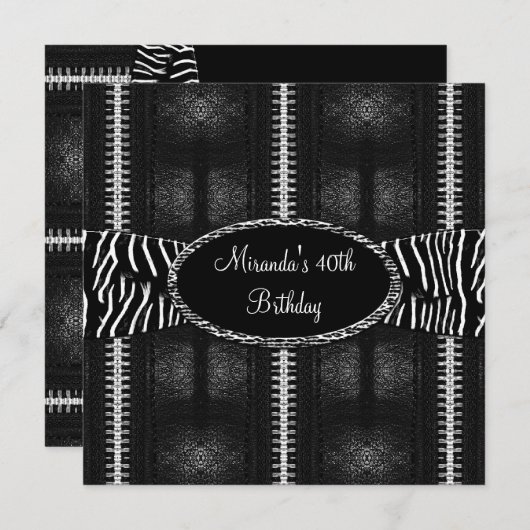 40th誕生日パーティー白黒ゼブラジッパー 招待状 (正面/裏面)
