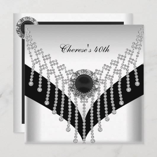 40th誕生日パーティー白黒ダイヤモンドジュエル 招待状 (正面/裏面)