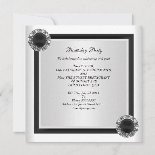 40th誕生日パーティー白黒ダイヤモンドジュエル 招待状 (裏面)