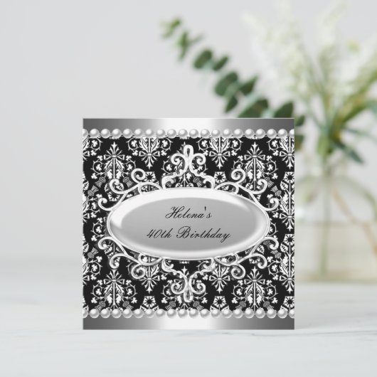 40th誕生日パーティー白黒ダマスクパール 招待状 (スタンド正面)