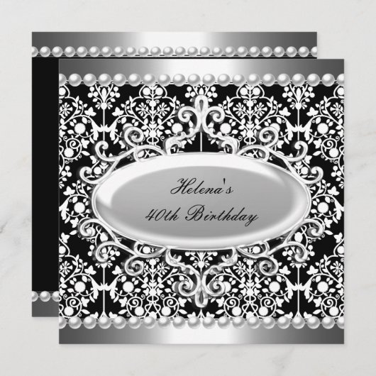 40th誕生日パーティー白黒ダマスクフローラ 招待状 (正面/裏面)