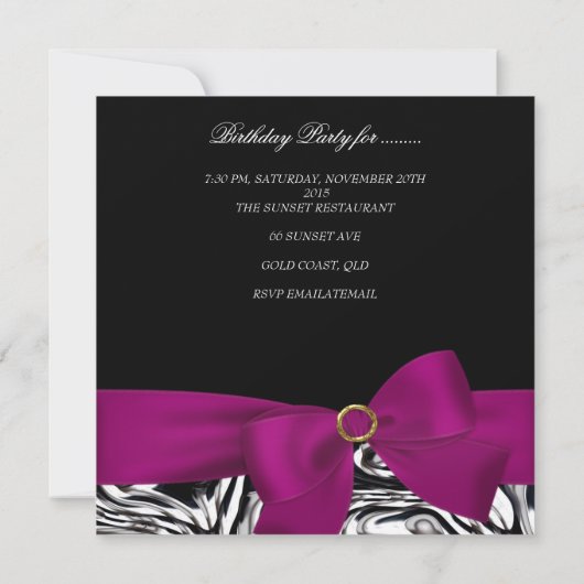 40th誕生日パーティー白黒抽象芸術ピンクボウ 招待状 (裏面)