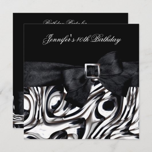 40th誕生日パーティー白黒抽象芸術ボウ 招待状 (正面/裏面)