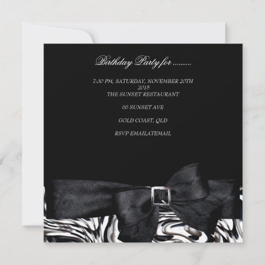 40th誕生日パーティー白黒抽象芸術ボウ 招待状 (裏面)