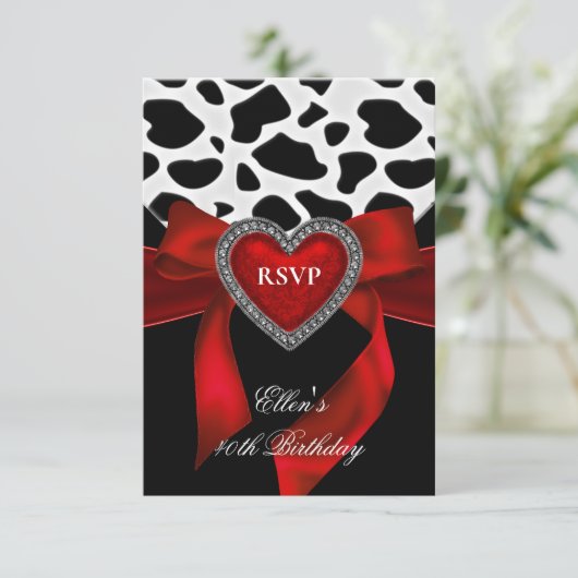 40th誕生日パーティー赤いハートジュエルカウブラックボウ 出欠カード (スタンド正面)