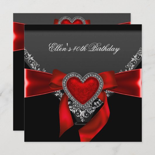 40th誕生日パーティー赤いハートジュエル白黒 招待状 (正面/裏面)