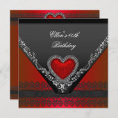 40th誕生日パーティー赤いハートジュエル白黒 招待状 (正面/裏面)