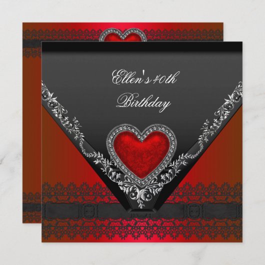 40th誕生日パーティー赤いハートジュエル白黒 招待状 (正面/裏面)