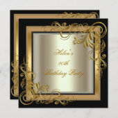 40th誕生日パーティー金ゴールドクリームブラックフローラ 招待状 (正面/裏面)