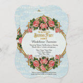 40th誕生日パーティー金ゴールドグリッターヴィンテージバラ 招待状 (正面/裏面)