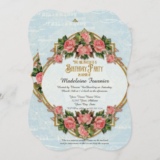 40th誕生日パーティー金ゴールドグリッターヴィンテージバラ 招待状 (正面/裏面)