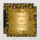40th誕生日パーティー金ゴールドブラックフローラ 招待状 (正面/裏面)