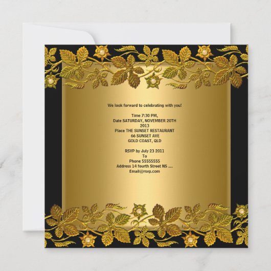 40th誕生日パーティー金ゴールドブラックフローラ 招待状 (裏面)