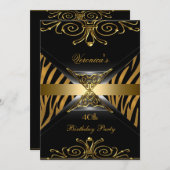 40th誕生日パーティー金ゴールドブラック金ゴールドアールデコゼブラ 招待状 (正面/裏面)