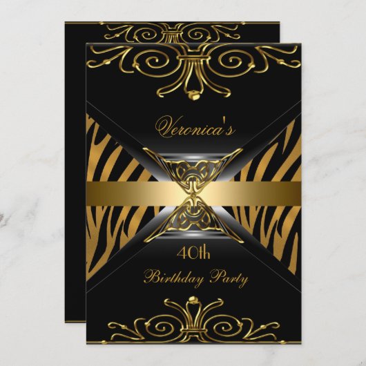 40th誕生日パーティー金ゴールドブラック金ゴールドアールデコゼブラ 招待状 (正面/裏面)