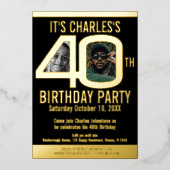 40th誕生日パーティー2フォトシンプル金ゴールドブラック 箔招待状 (正面)