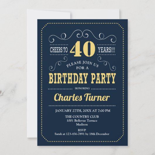 40th誕生日パーティー – ネイビー金ゴールド 招待状 (正面)