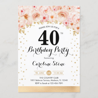 40th誕生日パーティー-金ゴールド花 招待状