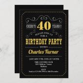 40th誕生日パーティー – 黒金ゴールド白 招待状 (正面/裏面)