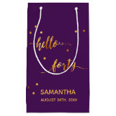 40th誕生日パープル金ゴールドhello 40ネームスクリプト スモールペーパーバッグ (正面)