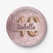 40th誕生日ピンクほこりっぽいバラグリッター名 ペーパープレート (正面)
