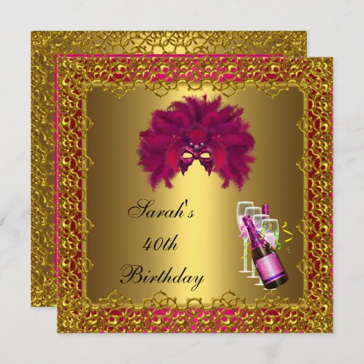 40th誕生日ピンクマスクシャンパン金ゴールドレース 招待状 (正面/裏面)