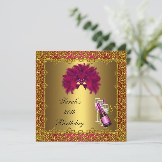 40th誕生日ピンクマスクシャンパン金ゴールドレース 招待状 (スタンド正面)