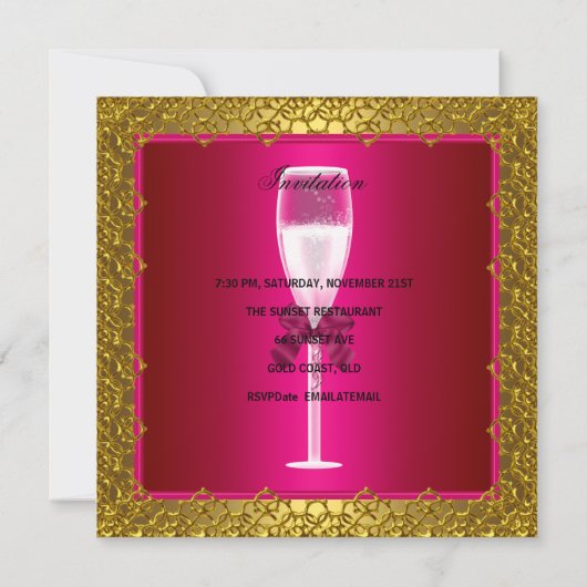 40th誕生日ピンクマスクシャンパン金ゴールドレース 招待状 (裏面)