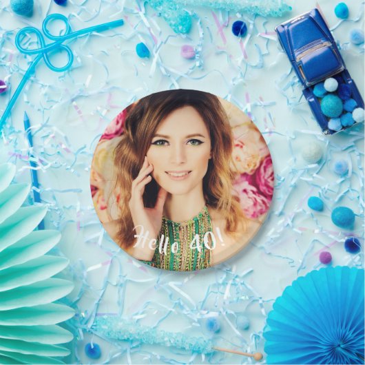 40th誕生日フォトピンクの花柄 ペーパープレート (パーティー)