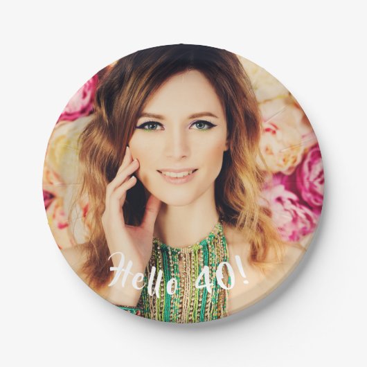 40th誕生日フォトピンクの花柄 ペーパープレート (正面)